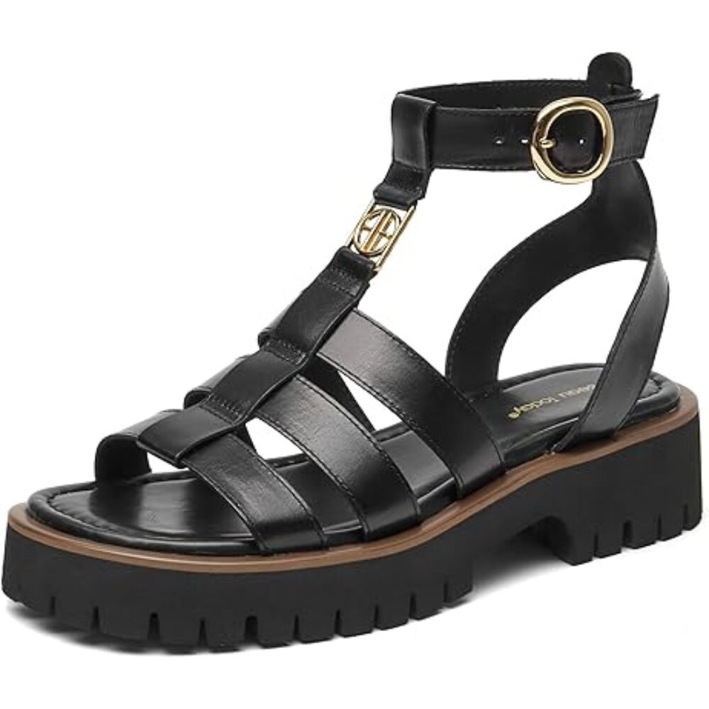 NWoB BEAU TODAY Leather Gladiator Sandals Open Toe Ankle Strap Platform Black